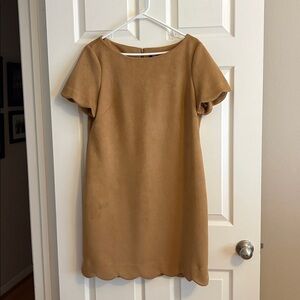 Anne Klein tan faux suede dress with scalloped hem, size 12